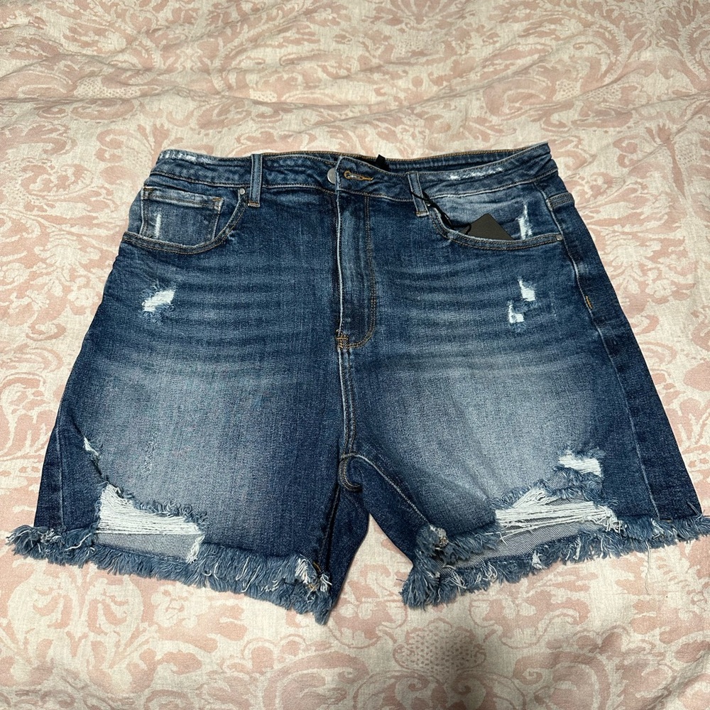 Risen Distressed Medium Washed Denim Shorts